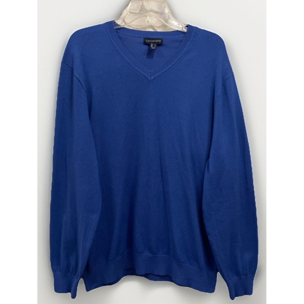 Lands End Blue Knit Long Sleeve V Neck Pullover Sweater Men's‎ Size Large